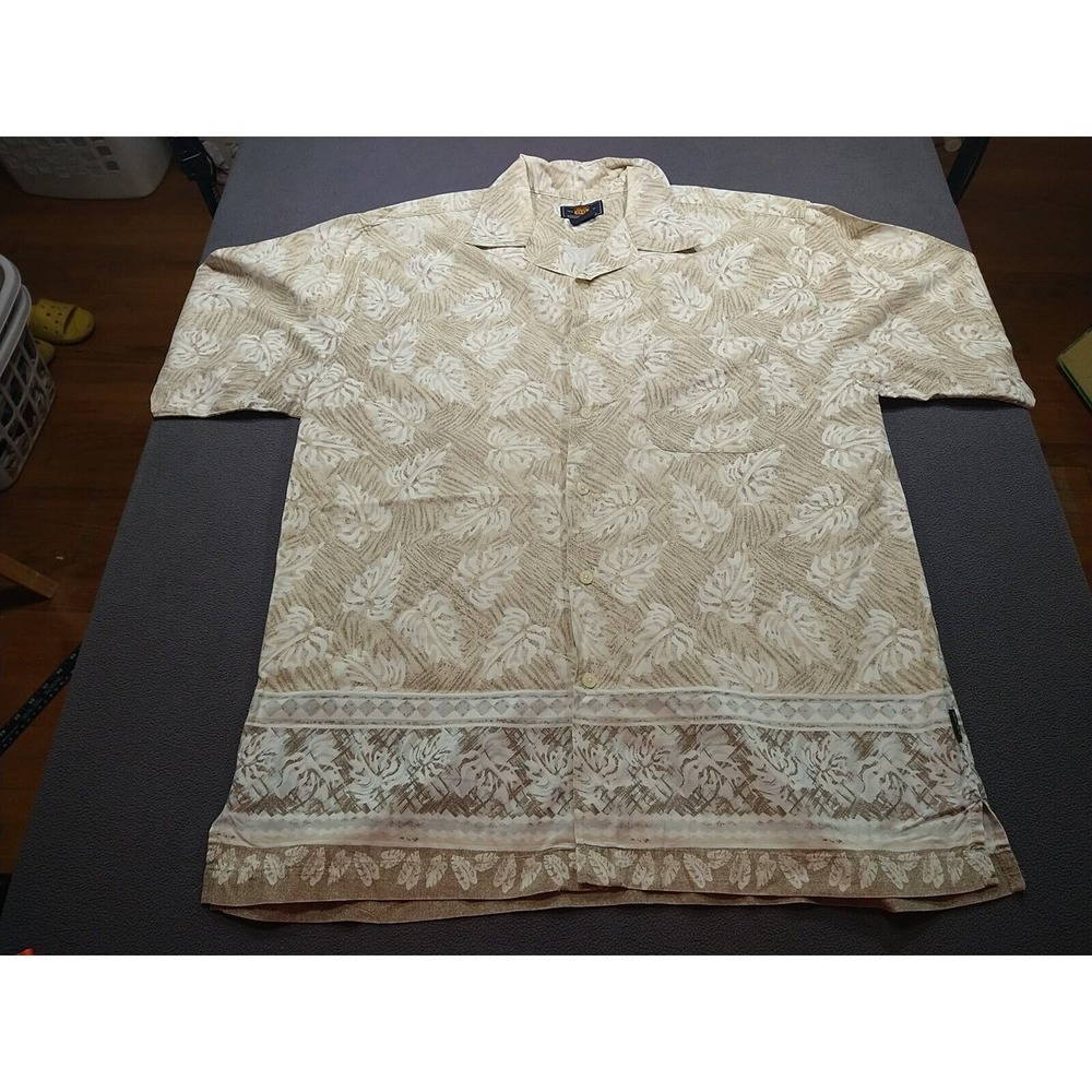 Route 66 Bowling Shirt Men L Beige Floral Button Up Short Sleeve Comfort Classic